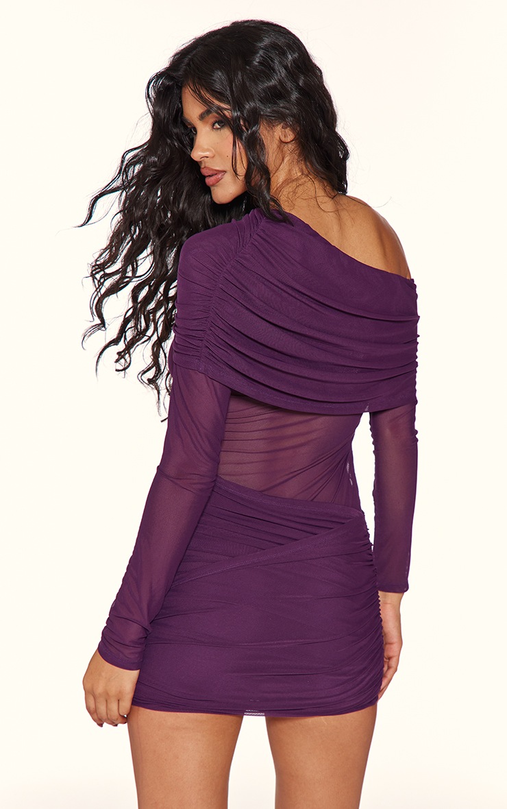 Purple Mesh Long Sleeve One Shoulder Bodycon Dress | PrettyLittleThing 