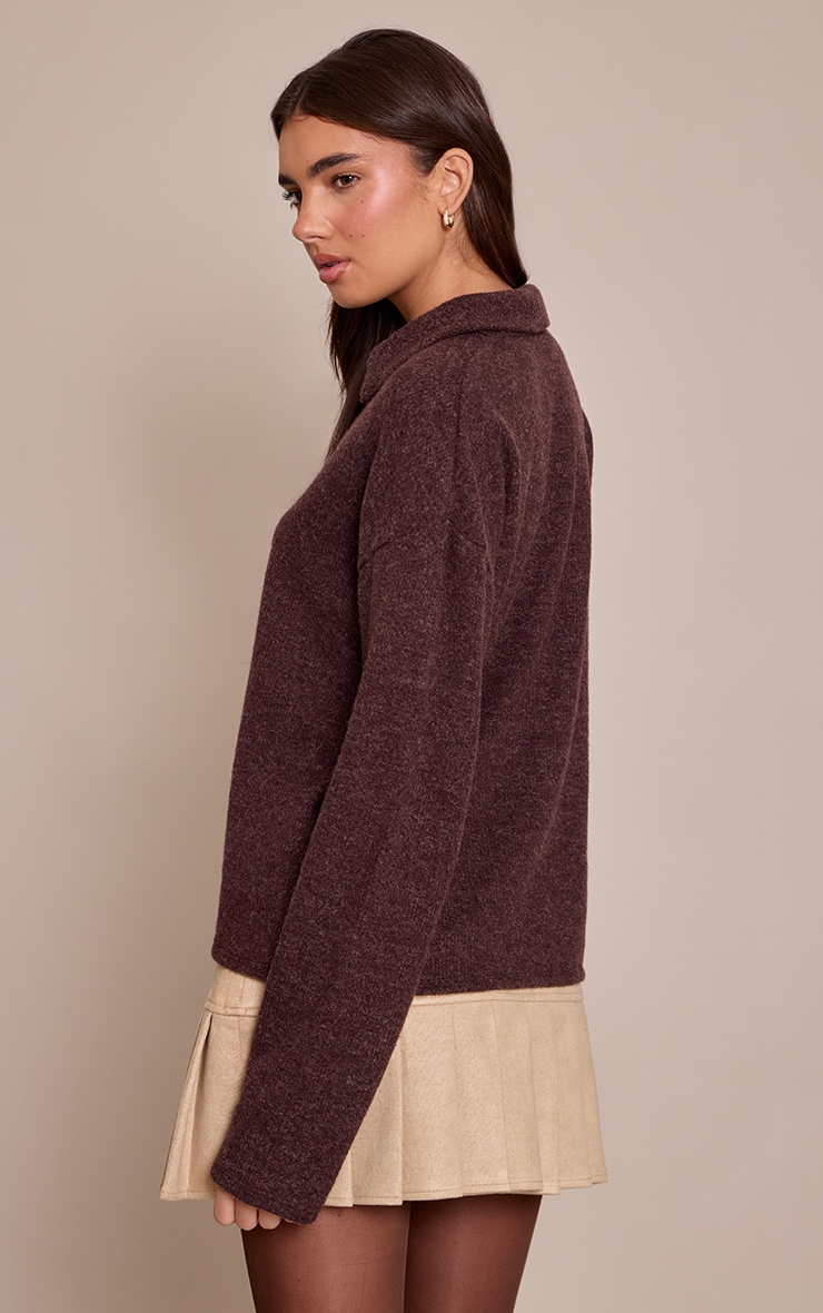 Brown Wool Rib Collar Detail Long Sleeve Slouchy Top  image 2