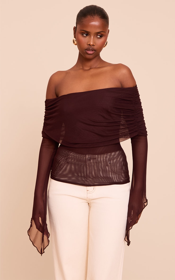 Deep Chocolate Mesh Fold Over Extreme Sleeve Detail Top image 1