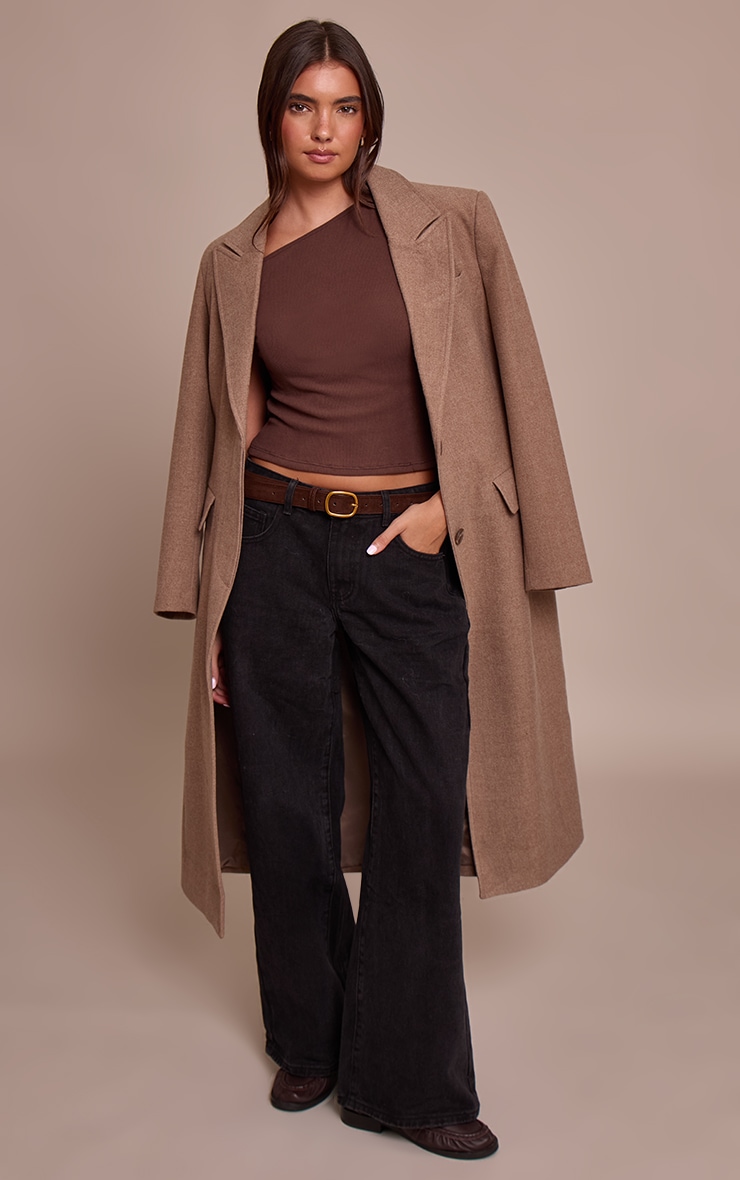 Chocolate Soft Brushed Rib Asymmetric Neckline Long Top   image 3