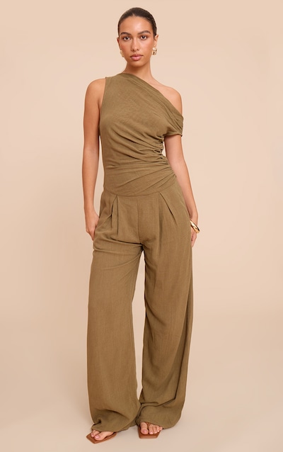 Khaki Twist Sleeve Linen Ruched One Sleeve Jumpsuit