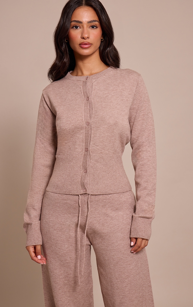 Petite Taupe Ribbed Fitted Waist Knitted Cardigan image 1
