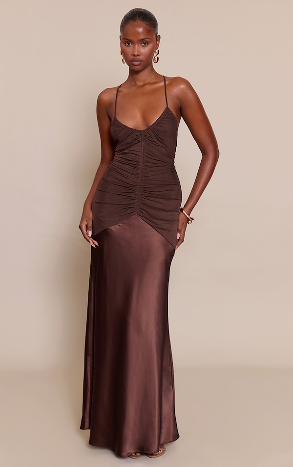 Chocolate Ruched Satin Maxi Slip Dress