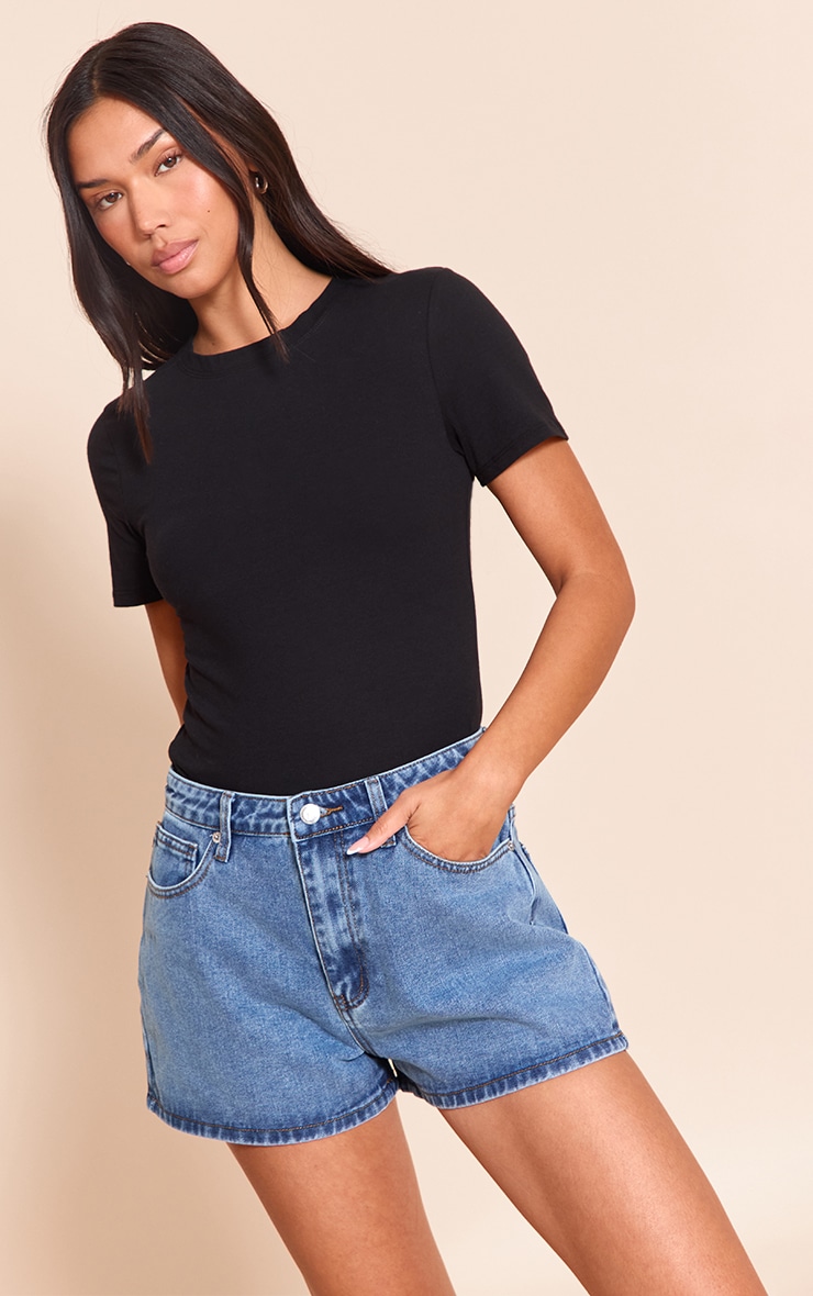 Mid Blue Wash High Waisted Mom Shorts image 2