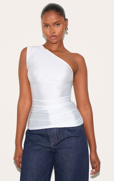 White Stretch Slinky Ruched Side Long Top