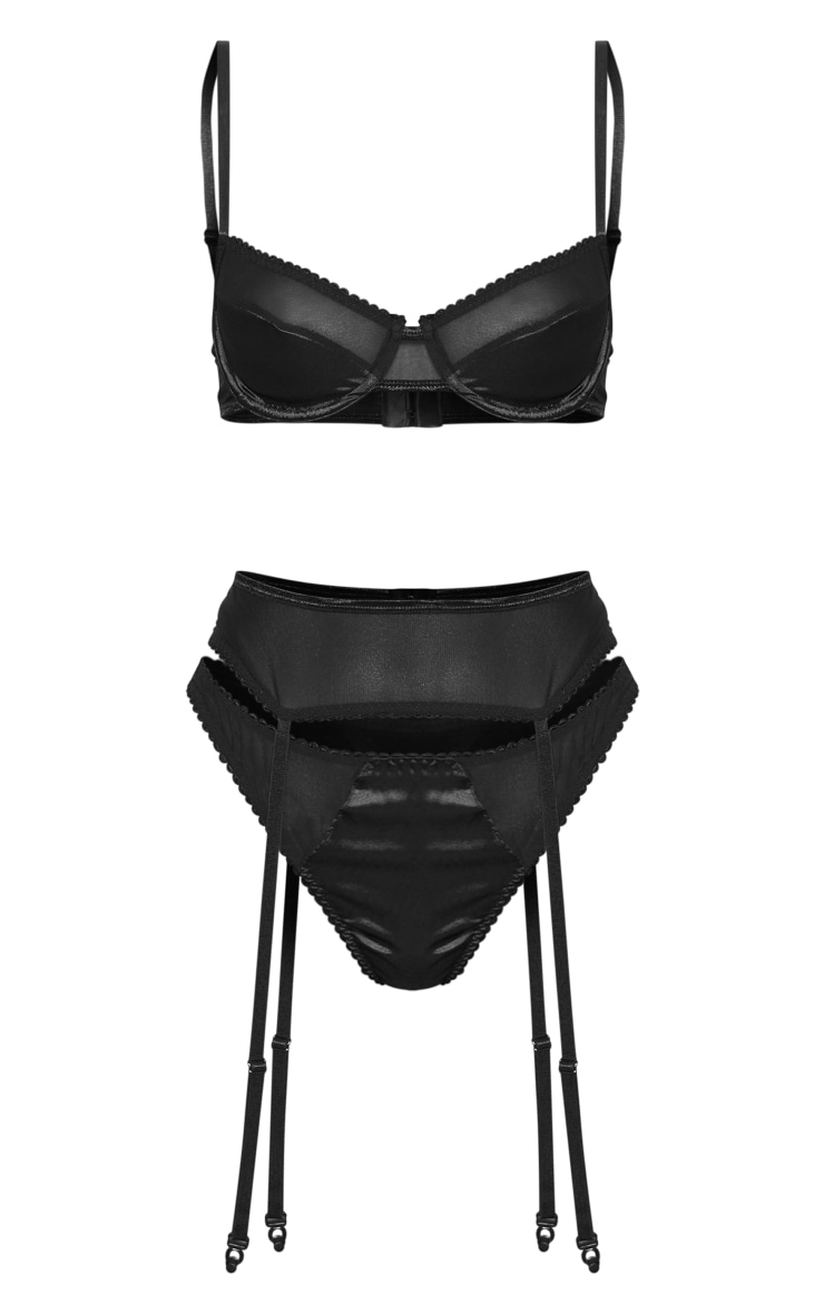 Black Mesh Frill Trim Underwired 3 Piece Lingerie Set image 5