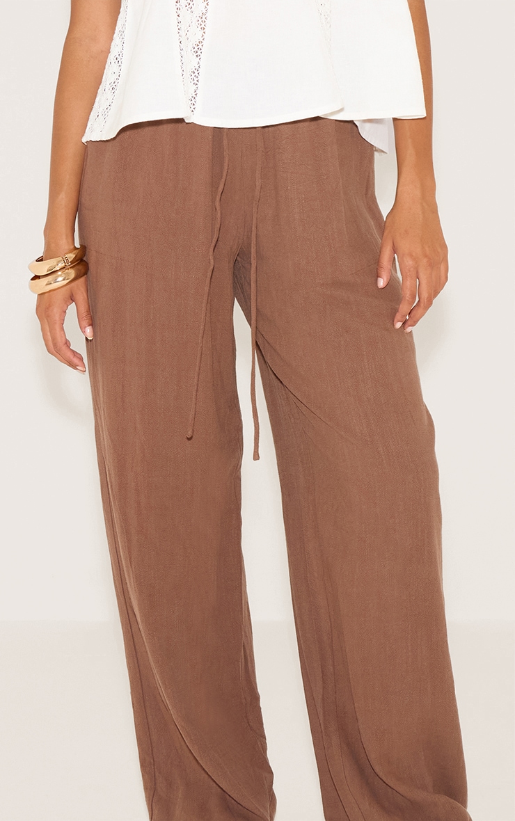 Chocolate Linen Blend Drawstring Tie Straight Leg Pants image 4