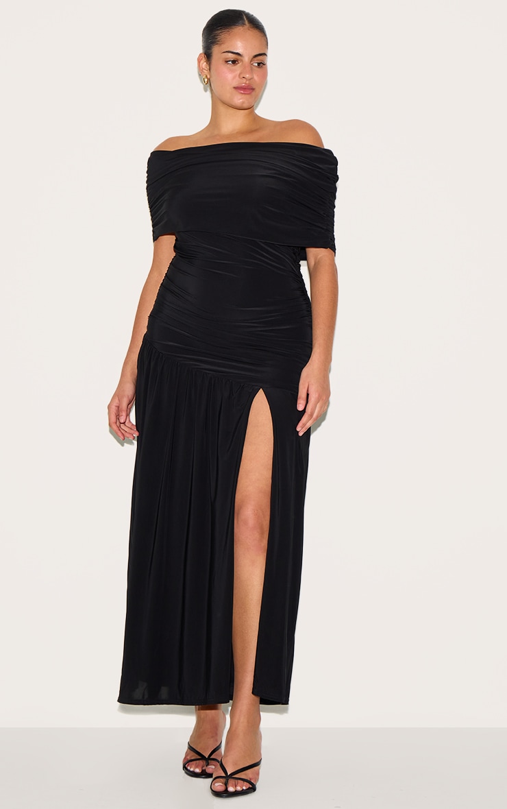 Plus Black Double Layer Slinky Bardot One Shoulder Ruched Maxi Dress image 3