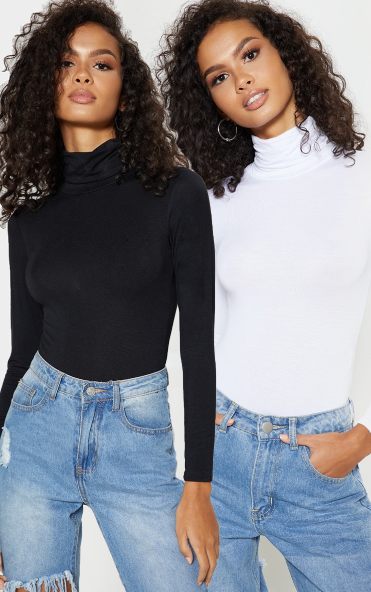 Basic Black & White 2 Pack Roll Neck Long Sleeved Bodysuit