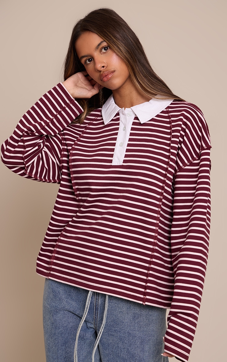 Petite Burgundy Stripe Seam Detail Rugby Top image 1