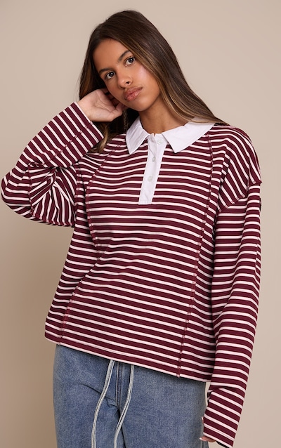 Petite Burgundy Stripe Seam Detail Rugby Top