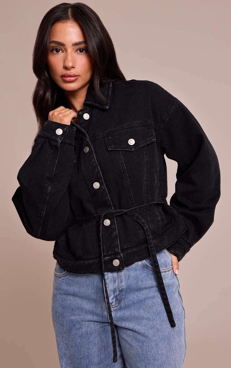Petite Black Quilted Tie Back Denim Jacket image 1