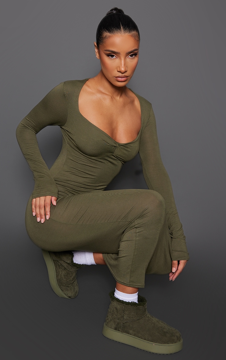  Sage Khaki Jersey Knot Underbust Detail Midaxi Dress image 3