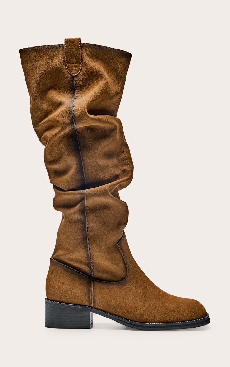 Brown Burnish PU Low Heeled Ruched Knee High Boot image 2