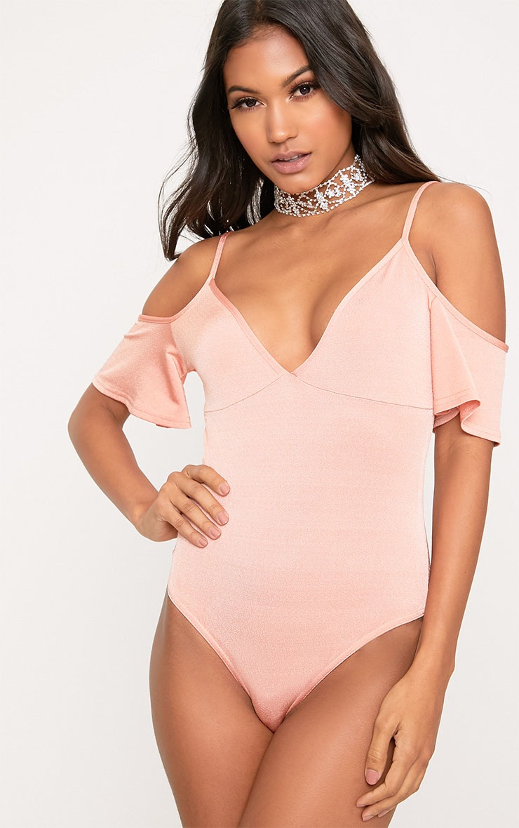 Coral Shimmer Slinky Frill Thong Bodysuit Tops PrettyLittleThing USA