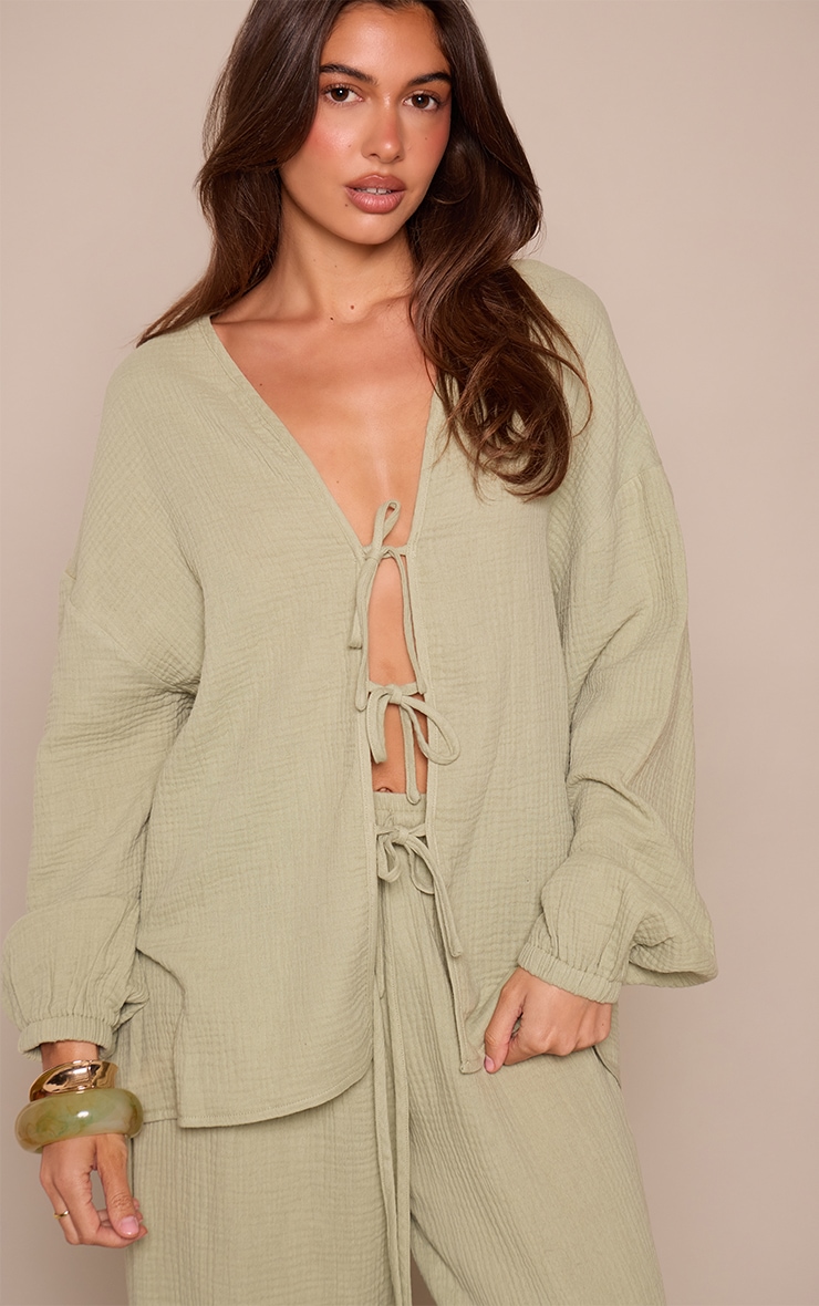 Sage Textured Cheesecloth Tie Front Shirt