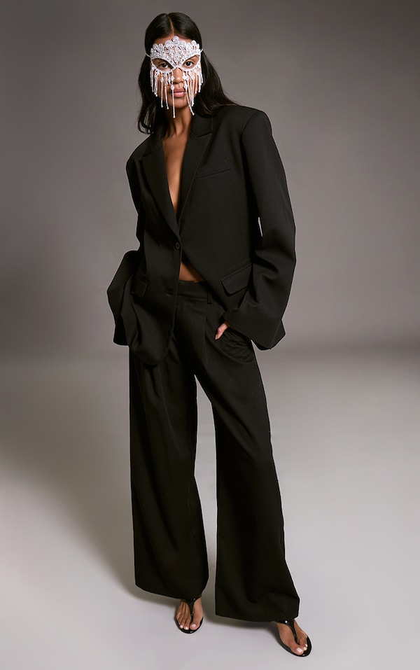 Pantalon de tailleur large tissé noir à plissures