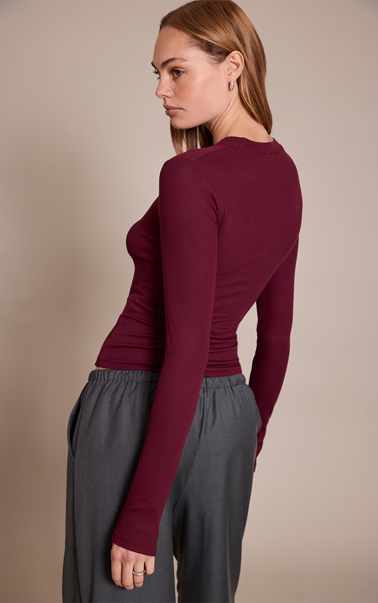 Wine Soft Rib Crew Neck Long Sleeve Top image 2