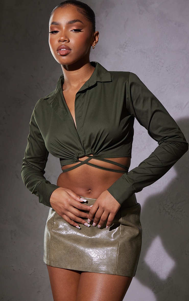 Khaki Double Tie Crop Shirt Tops PrettyLittleThing CA