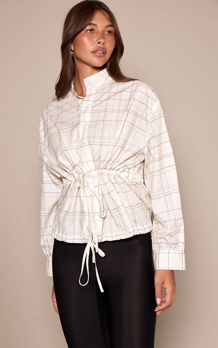Cream Check Ruched Waist Tie Top  image 1