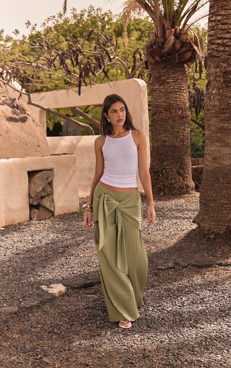 Sage Khaki Textured Woven Wrap Tie Trousers