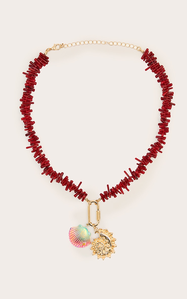 Red Beaded Shell Pendant Necklace image 2