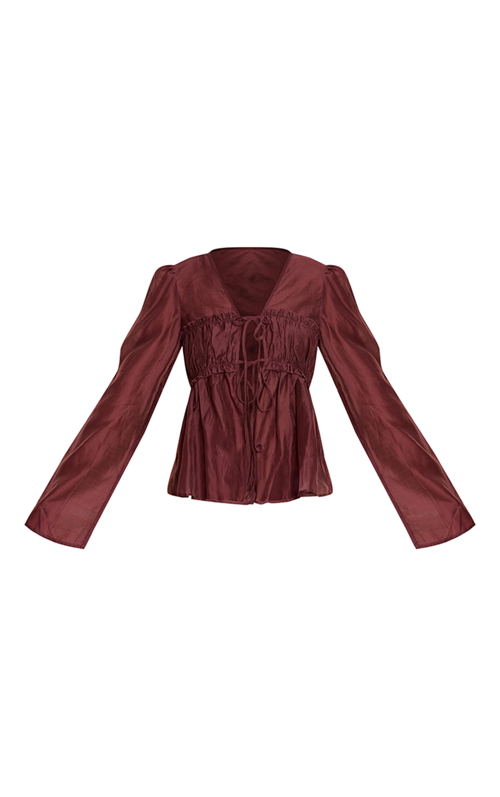 Blouse en mousseline de soie chocolat prune froncée nouée devant image 5