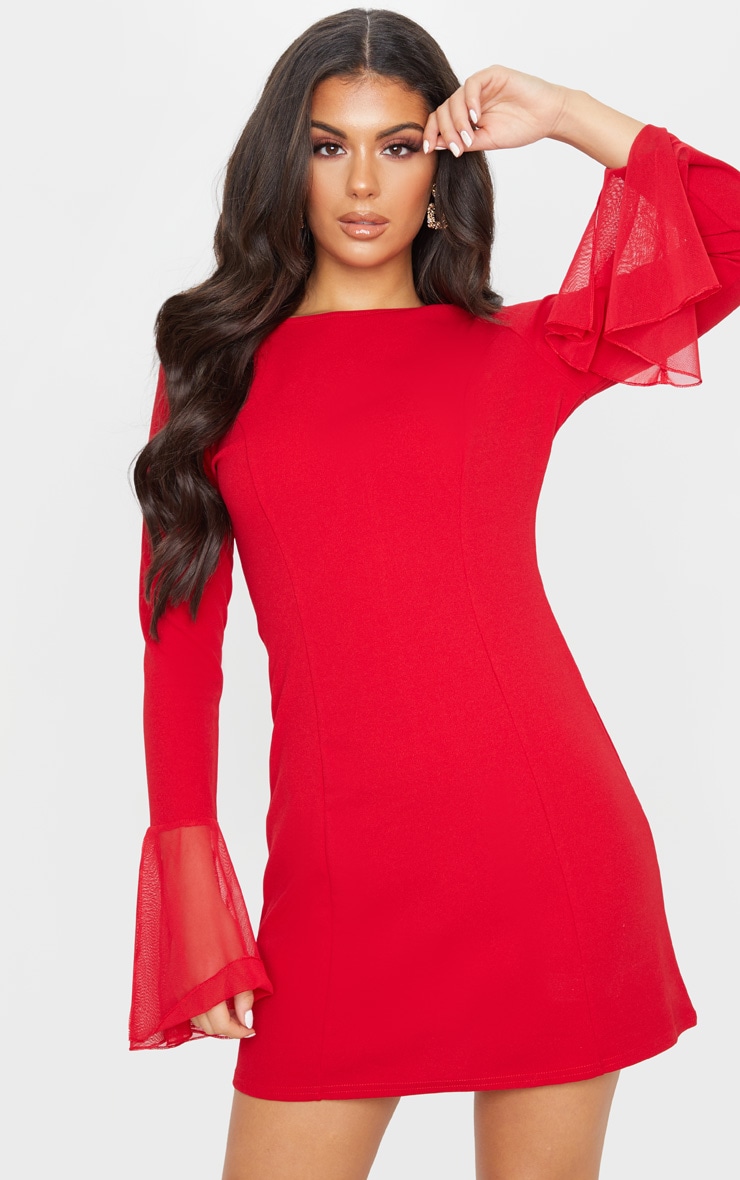 Red Frill Sleeve Detail Shift Dress
