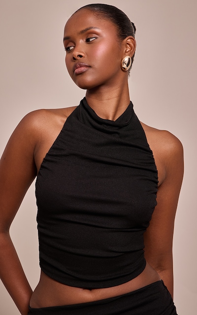 Black Onion Skin Ruched Halter Crop Top