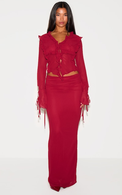 Burgundy Ruched Chiffon Maxi Skirt