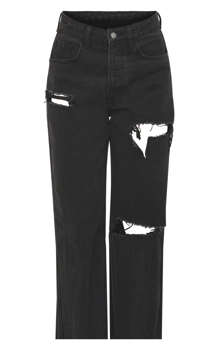 PRETTYLITTLETHING Washed Black Open Knee Boyfriend Jeans image 5