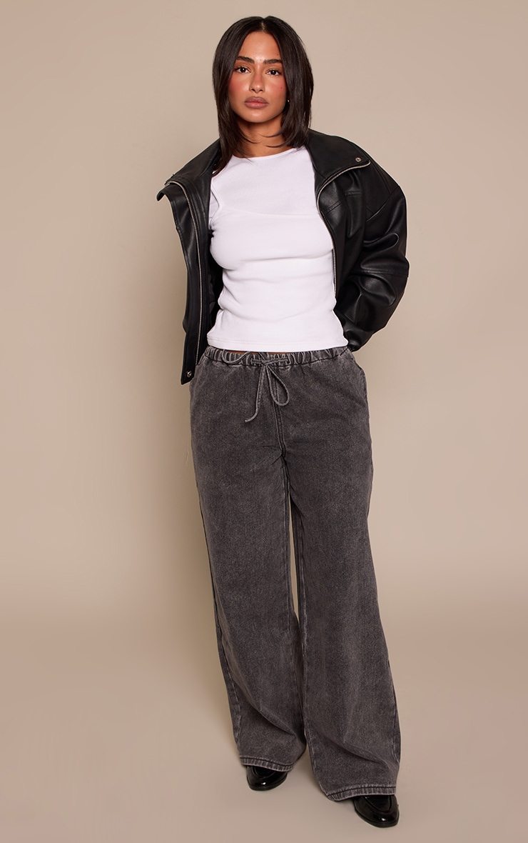 Petite Grey Wash Elasticated Tie Waist Wide Leg Jeans image 1
