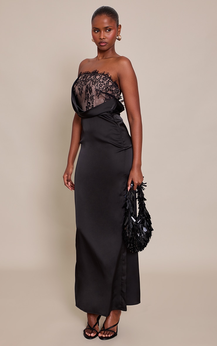 Black Satin Lace Detail Maxi Dress image 3