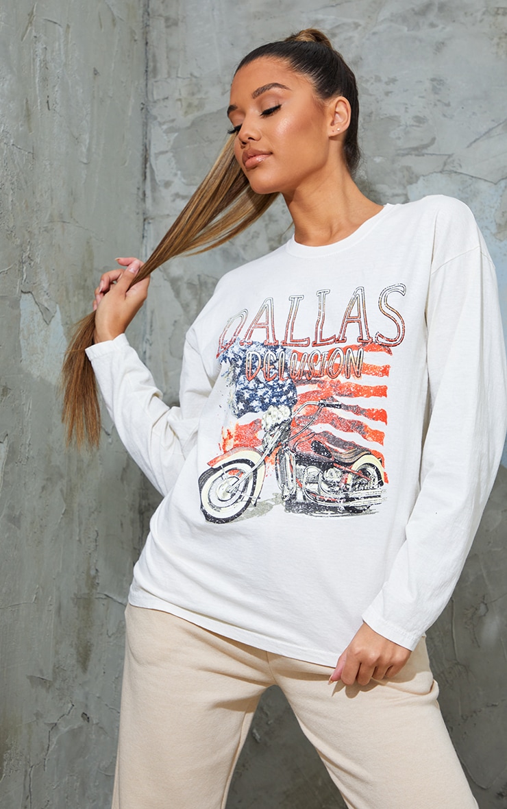 T-shirt manches longues crème délavé à imprimé Dallas