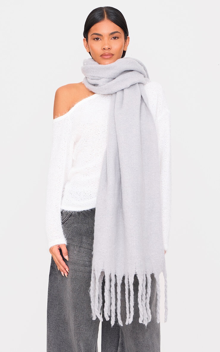 Grey Soft Blanket Tassel Scarf image 1