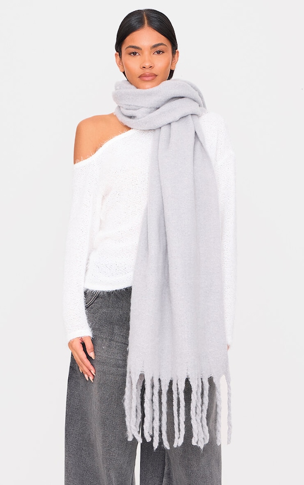 Grey Soft Blanket Tassel Scarf