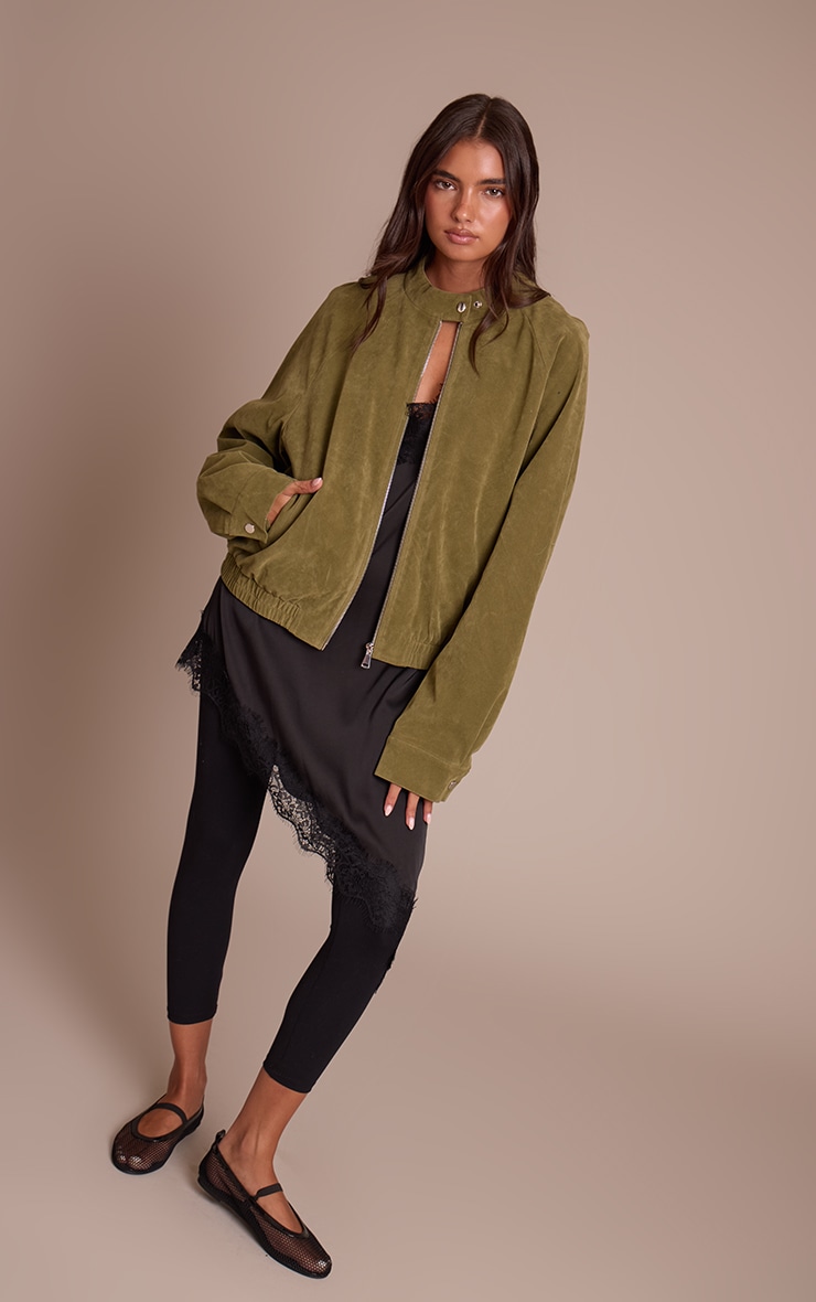 Olive Faux Suede Racer Neck Jacket image 3