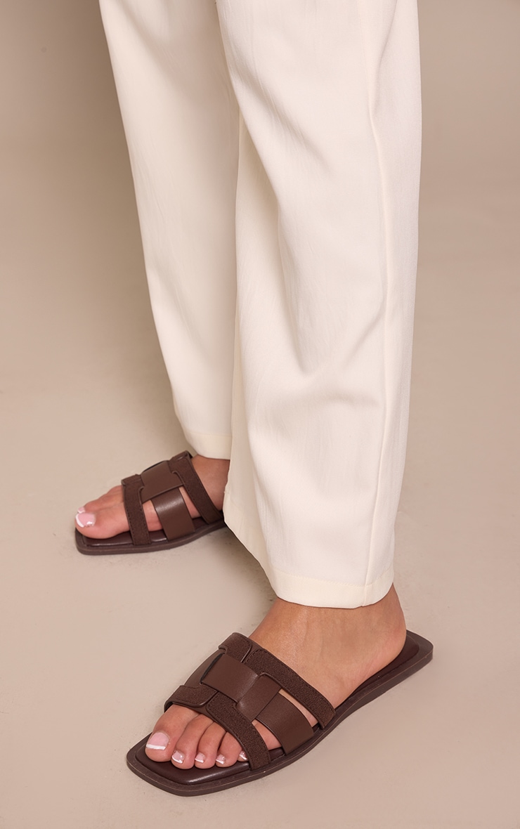 Chocolate Faux Suede Leather Multi Strap Mule Flat Sandals