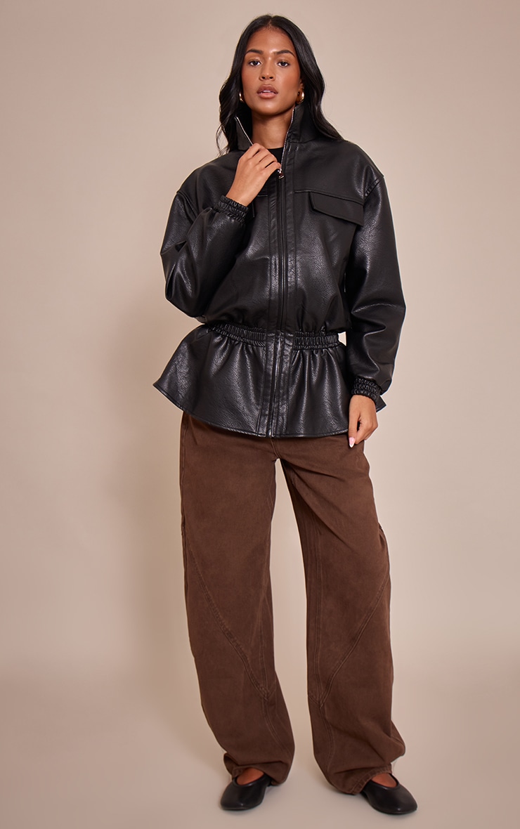 Tall Black High Neck Cinched Waist Faux Leather Jacket image 3