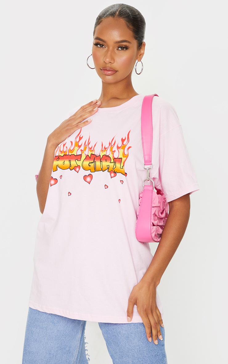 Baby Pink Hot Girl Flame Print T Shirt