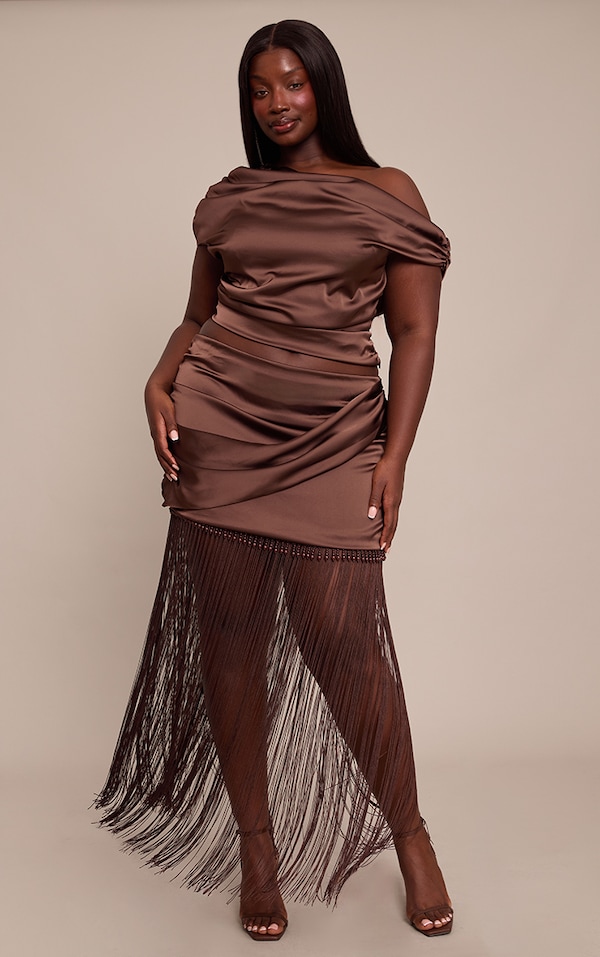 Plus Chocolate Brown Satin Beaded Tassel Hem Mini Skirt