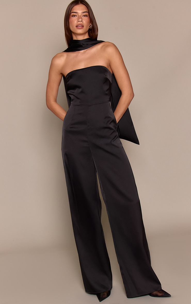 Black Satin Bandeau Scarf Detail Jumpsuit image 3