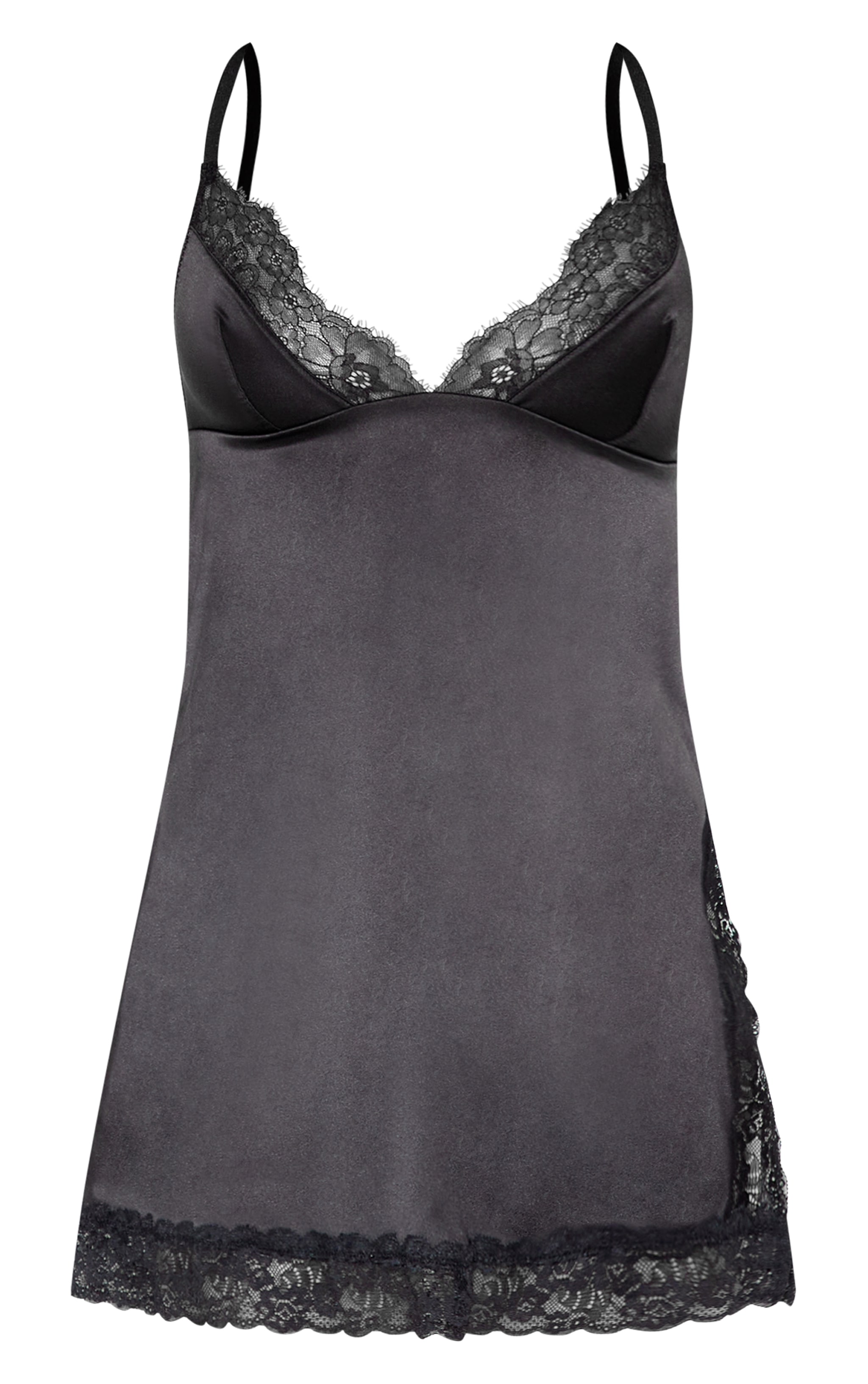 Black Satin Lace Split Detail Slip Dress image 5