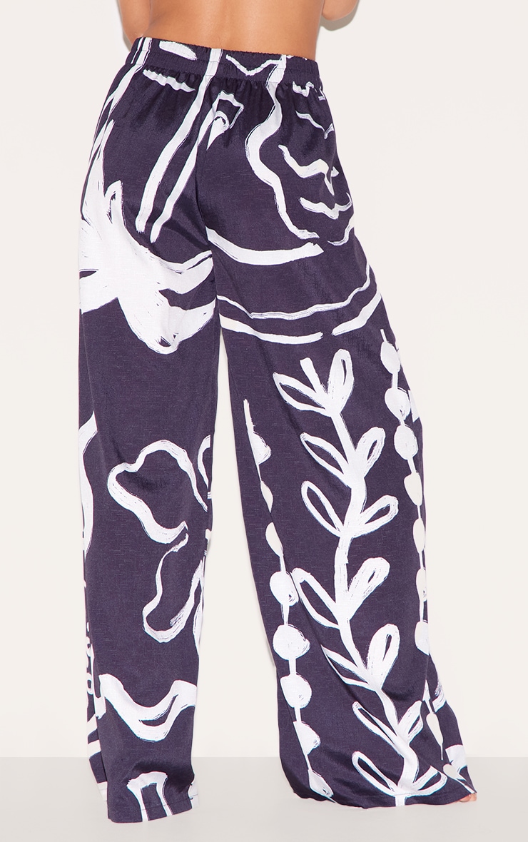 Pantalon de plage en effet lin noir et blanc fleuri image 3