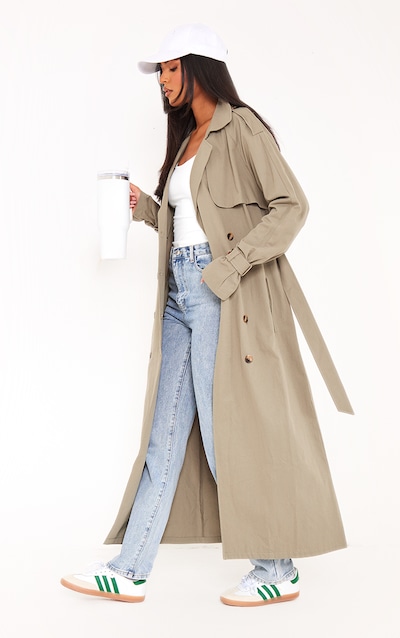 Tall Khaki Panel Detail Belted Trench Coat