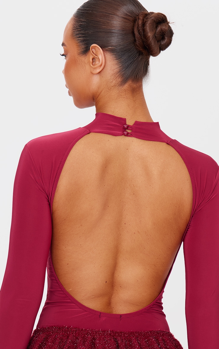 Burgundy Slinky High Neck Backless Bodysuit image 4