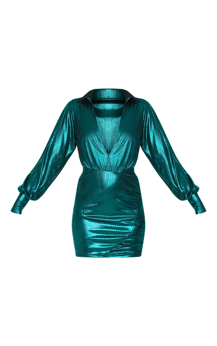 Green Metallic Ruched Deep Plunge Bodycon Dress image 3