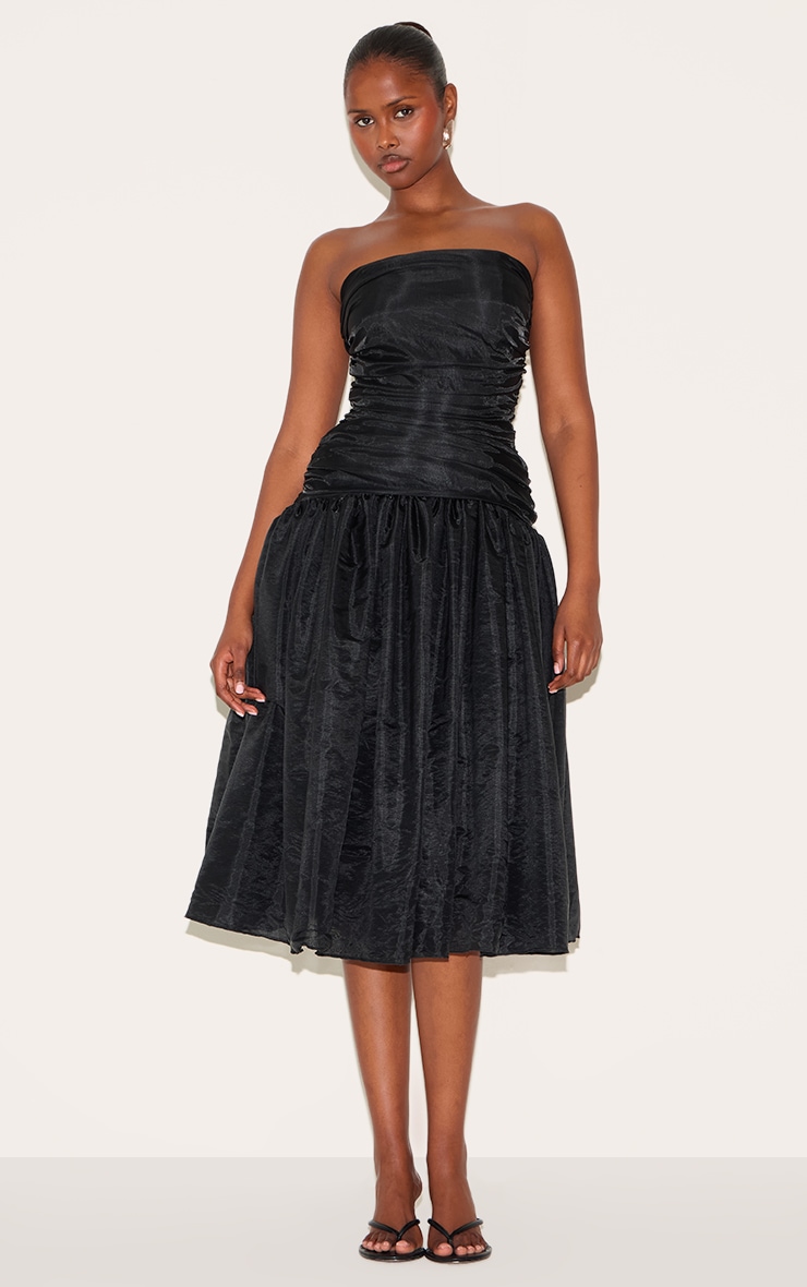 Black Organza Ruched Bodice Midi Dress image 1