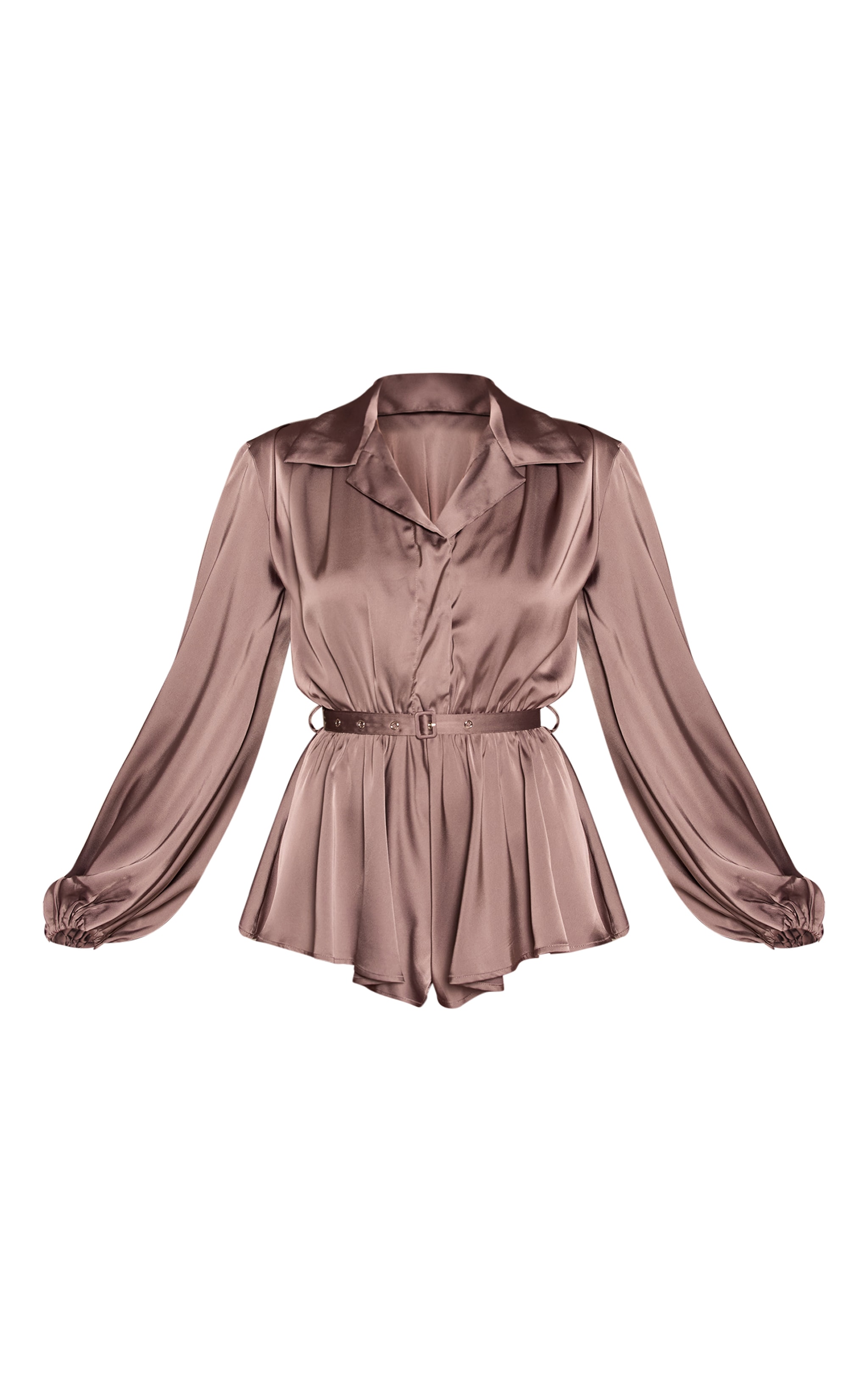 Mocha Satin Long Sleeve Belt Detail Playsuit image 5