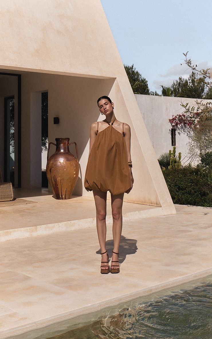 Dark Ochre Halterneck Bead Detail Puffball Dress image 3